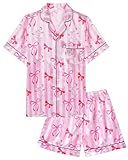 Sylfairy Girls Pajamas Silk PJS Set Pink Bow Satin Sleepwear Short Sleeve Jammies for Kids Button-Down Nightwear Loungewear size 7-8 Pink Strip Butterfly