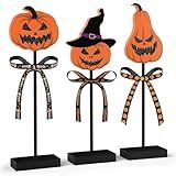 3 Pcs Halloween Tiered Tray Decor Wooden Pumpkin Decorations Indoor Scary Sign for Home and Party Decor (Shiny Pumpkin)
