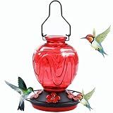 Glass Hummingbird Feeder for Outdoors Hanging, 24Ozs Humming Bird Nectar Feeder w/Perch, 5 Flower Feeding Ports, Leak Proof Base and Hook for Outside Garden Backyard Decor, Gifts for Women Mom, Red