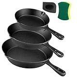 Goeszooin Cast Iron Skillet Set -3 Piece 6 inch, 8 inch and 10 inch Cast Iron Pan, with Scraper+Dish Sponge - Oven Grill Stovetop Safe Cookware - Black