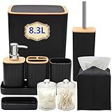 Bathroom Accessory Set, 10 Pieces Black Bathroom Accessories with Toothbrush Holder, Tissue Box Cover, Trash Can, Soap Dispenser, Bamboo Tray, Tumbler, Soap Dish, Toilet Brush, Qtip Holder
