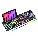 Soueto Wireless Keyboard with 7-Color RGB Backlit, Full-Size Computer Keyboard with Phone Tablet Holder, 2.4G Rechargeable Gaming Keyboard with Light Up Keys, Compatible with Mac, Windows (Black)