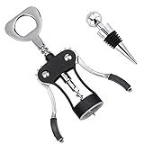 Foho Wine Opener, Multifunctional Wing Corkscrew Wine Bottle Opener for all Cork Stoppered and Beer Cap Bottles, Luxury Waiter Corkscrew with Stopper Set for Wine Enthusiast, Waiters - Black