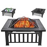 Panovue Multifunctional Fire Pit Table 32 inch Square Metal Firepit Stove Backyard Patio Garden Fireplace for Camping, Outdoor Heating, Bonfire and Picnic