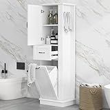 Virubi Tall Laundry Cabinet with Tilt Out Hamper, Wood Bathroom Storage Cabinet with Door,Drawer and Adjustable Shelves Freestanding (White)