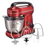 Hamilton Beach Electric Stand Mixer, 4 Quarts, Dough Hook, Flat Beater Attachments, Splash Guard, 7 Speeds with Whisk, Easy-Carry Top Handle, Red