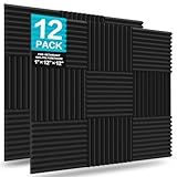 JBER 12 Pack Acoustic Foam Panels, 1" X 12" X 12" Sound Proof Foam Panels for Walls, High Desnsity Studio Soundproofing Wedges - Fire Resistant & Noise Absorbing for Studio, Office, Home (Black)