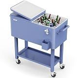 VINGLI 80 Quart Rolling Ice Chest, Portable Patio Party Bar Drink Cooler Cart, with Shelf, Beverage Pool with Bottle Opener (Haze Blue)