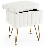Sweetcrispy Vanity Stool Chair with Storage, Ottoman Faux Fur Soft Padded Makeup Footstools Seat with 4 Metal Legs Anti-Slip Adjustable Feet Modern Cute Small Footrest for Home Entryway Bedroom White