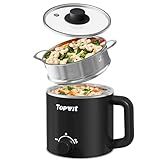 Topwit Hot Pot Electric with Steamer, 1.6L Ramen Cooker, Electric Pot for Pasta, Shabu-Shabu, Oatmeal, Soup and Egg, Portable Cooker with Dual Power Control, Dorm Room Essentials, Black