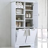 Merax Cabinet with Tilt-Out Laundry Hamper Basket, Tall Bathroom Storage Organizer Linen with Open Shelf for Home, Freestanding, White