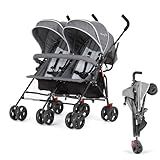 Dream On Me Volgo Twin Baby Stroller, Lightweight Side-by-Side Double Umbrella Stroller with Adjustable Canopy, 5-Point Harness, Storage Basket & Travel-Friendly Fold – Dark and Light Grey