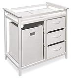Badger Basket Modern Baby Changing Table - Nursery Furniture with Laundry Hamper and 3 Storage Drawers - Diaper Changing Station with Safety Belt, Changing Pad, and Organizer Baskets - White/White
