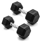 CAP 25 LB Rubber Coated Hex Dumbbell Weight, Rubber Free Weights for Home Gym Strength Training, Chrome Handle, Pair