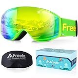 Freela Ski Winter Goggles, Green Snowboard Glasses for 4-6 10-12 8-12 6-14 Toddler Kids Girl Boy Youth Child, Anti Fog UV Protection Mirror Clear Goggles Snowmobile Snowboard Gear with Ski Snow Helmet