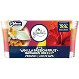 Glade 1-Wick 2in1 Scented Candle Jar, Hawaiian Breeze & Vanilla Passion Fruit, Air Freshener Infused with Essential Oils, 4.08 Oz, 2 Count