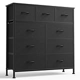 DUMOS 9 Drawer Dresser for Bedroom, Fabric Storage Organizer with Sturdy Metal Frame, Wooden Top Chest of Drawers for Closet Entryway Guest Room,Matte Black