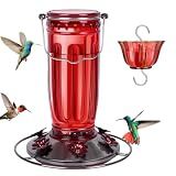 Kingsyard Glass Hummingbird Feeder for Outdoors Wild Bird Feeder with 6 Feeding Ports Hanging for Garden Yard, Red (Ant Moat Included)