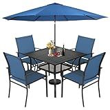 Incbruce 6 Pieces Patio Dining Set with Dark Blue Umbrella, Outdoor Dining Set of 4 Textilene Chairs and Square Table with Umbrella Hole for Backyard, Garden, and Poolside (Blue)