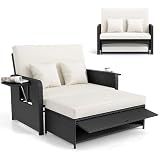 RELAX4LIFE Wicker Patio Outdoor Daybed - Rattan Day Bed Lounger w/Loveseat & Storage Ottoman, Sunbed Sofa Set w/Cushions, 4-Level Adjustable Backrest & 2 Retractable Trays, Patio Daybed (White-Black)