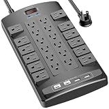 QINLIANF Surge Protector Power Strip - 6Ft Flat Plug Heavy Duty Extension Cord with 24 Outlets and 4 USB Ports(2 USB-C Ports), 4100J, for Home, Office, Dorm, ETL Listed, Black