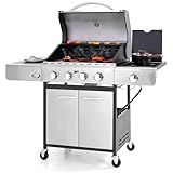 Sophia & William 4-Burner Propane Gas BBQ Grill with Side Burner and Porcelain-Enameled Cast Iron Grates, Stainless Steel Barbecue Grills Outdoor Cooking, Silver Cabinet Style, 42,000BTU
