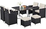 Yaheetech 9-Piece Patio Dining Sets, Outdoor Space Saving Rattan Chairs with Glass Table, Wicker Sectional Conversation Furniture Set with Removeable Cushions, Black/Beige