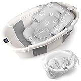 EverKiddo Baby Bathtub, Baby Bath Tub with Thermometer & Soft Cushion, Collapsible Infant Bathtub for Newborn to Toddler 0-36 Months(Grey)
