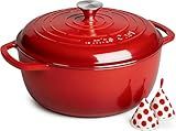 Umite Chef 6QT Enameled Cast Iron Dutch Oven with Lid, Versatile Heavy-Duty Cookware Pot for Baking Bread, Braising, Soups & Stews, Oven & Stovetop Safe with Heat Resistant Gloves（Red）