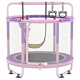 LANGXUN 60" Trampoline for Kids, 5ft Toddler Mini 6-in-1 Trampoline Indoor Outdoor with Swing, Basketball Hoop, Dart Board, Gymnastics Bar, Rings, Christmas Toys Birthday Gifts for Girls Boys Age 1-8