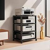 XEOKXOIT 4 Tier AV Media Stand, Audio Rack Tower Stereo Components Cabinet, Home Theatre CD Record Player Stereo Receiver Equipment Rack with Adjustable Wood Shelves, Load 220lbs (Black)