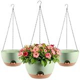WUCEIAUU 3-Piece Set of 10-Inch Hanging Planters with Automatic Watering System and Drip Tray, Includes Metal Chain, Suitable for Various Indoor and Outdoor Plants and Flowers, Green Brown