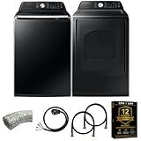 Samsung Smart 4.7 Cu Ft Top Load Washer & 7.4 Cu Ft Electric Dryer, Sensor Stops Overdrying, Low Vibration Quiet Wash, WaterJet w/Power Cords, Hoses, Vent Duct, 1 Year CPS Protection Bundle (Black)