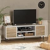 YESHOMY Modern TV Stand for 65" Television, Entertainment Center with Two Storage Cabinets, Retro Style Media Console for Living Room, Bedroom, Office, 58 Inch, White and Coffee