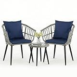 DUMOS 3 Pieces Outdoor Bistro Set, All-Weather PE Rattan Patio Furniture Set with Cushions, Steel Frame Table and Chairs for Balcony, Apartment, Porch, Grey