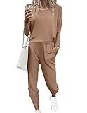 Ekouaer Women's Pajama Sets Casual 2Pcs Sleepwear Long Sleeve Pullover Tops Long Joggers Pants with Pockets Brown Medium