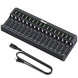 BONAI AA AAA Battery Charger 16 Bay for NiMH Rechargeable Batteries Independent Control with LED Light and Standard American AC Charging Plug, Battery not Included - Black