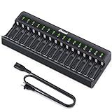 BONAI AA AAA Battery Charger 16 Bay for NiMH Rechargeable Batteries Independent Control with LED Light and Standard American AC Charging Plug, Battery not Included - Black