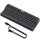 BONAI AA AAA Battery Charger 16 Bay for NiMH Rechargeable Batteries Independent Control with LED Light and Standard American AC Charging Plug, Battery not Included - Black