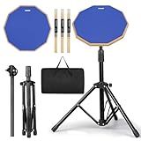Drum Practice Pad Snare Drum Stand Set 12 In With Double Sided Silent Drum Pad, Drum sticks,Carrying Bag Adjustable Stand (Blue)