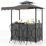 Tangkula 3 Piece Patio Bar Set, Grill Gazebo & 2 Foldable Bar Stools with Awning, Metal Storage Shelves, Glass Holders, Double-Tier Outdoor Shelter for Patio Poolside Garden Backyard (Gray)
