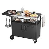 JY QAQA Outdoor Grill Cart with Storage,Patio Kitchen Island Outdoor Grill Table with Wheels,BBQ Cart Movable Pizza Oven Table Stand, Storage Cabinet, Foldable Tabletop, (Black)
