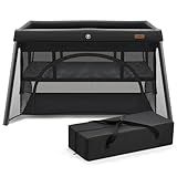 HARPPA Travel Crib with Comfy Mattress, Lightweight Portable Crib Requires No Assembly, Foldable Pack and Play for Baby and Toddlers, Compact Play Yard with Bed,Black