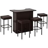 Outsunny 5 Pcs Rattan Wicker Bar Set, High Top Outdoor Table and Chairs, Bar Height Patio Set with Glass Table Top 2 Tier Storage Shelf, and 4 Bar Stools for Garden, Poolside, Dark Brown
