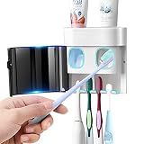 GFWARE Toothbrush Holder Toothpaste Dispenser Wall Mounted with Cover, 4 Slots Tooth Brush Storage Organizer with Automatic Kids Toothpaste Squeezers for Shower Bathroom Black