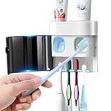 GFWARE Toothbrush Holder Toothpaste Dispenser Wall Mounted with Cover, 4 Slots Tooth Brush Storage Organizer with Automatic Kids Toothpaste Squeezers for Shower Bathroom Black