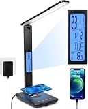 XIZDDL LED Desk Lamp with Wireless Charger, Suitable for Home, Office Dimmable, with USB Charging Port, Built-in Clock, Calendar, Thermometer and Automatic Timing Reading Desk Lamp.