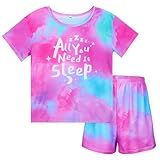 ICOSY Girls Pajamas Set for Kids Pajamas 2 PCS Short Sleeve Top and Shorts for Toddler Girls Clothes Size 8-14 Blue Fuchsia