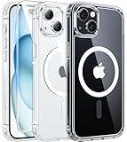 FNTCASE for iPhone 15 Case Clear: iPhone 14/13 Case Magnetic Phone Cases with Screen Protector Compatible with Magsafe Slim Anti Yellowing Rugged Protective Transparent Cell Cover (A-Clear)