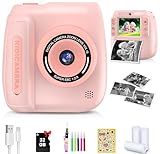 Kids Camera Instant Print, Kids Instant Camera with 1080P Videos, Christmas Birthday Gifts for Girls Boys Age 3-12, Portable Toddler Travel Digital Print Toy for 3 4 5 6 7 8 9 10 11 12 Year Old, Pink